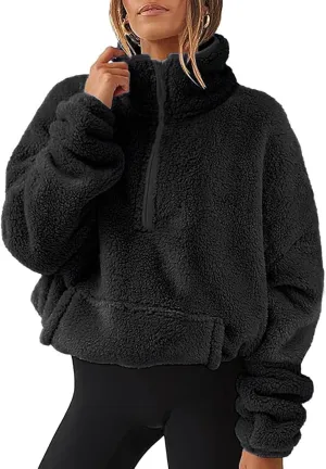 Sherpa Half Zip Pullover Women Oversized Quarter Zip Cropped Sweatshirt Fuzzy Fleece Lined Zip Up Hoodie with Pockets