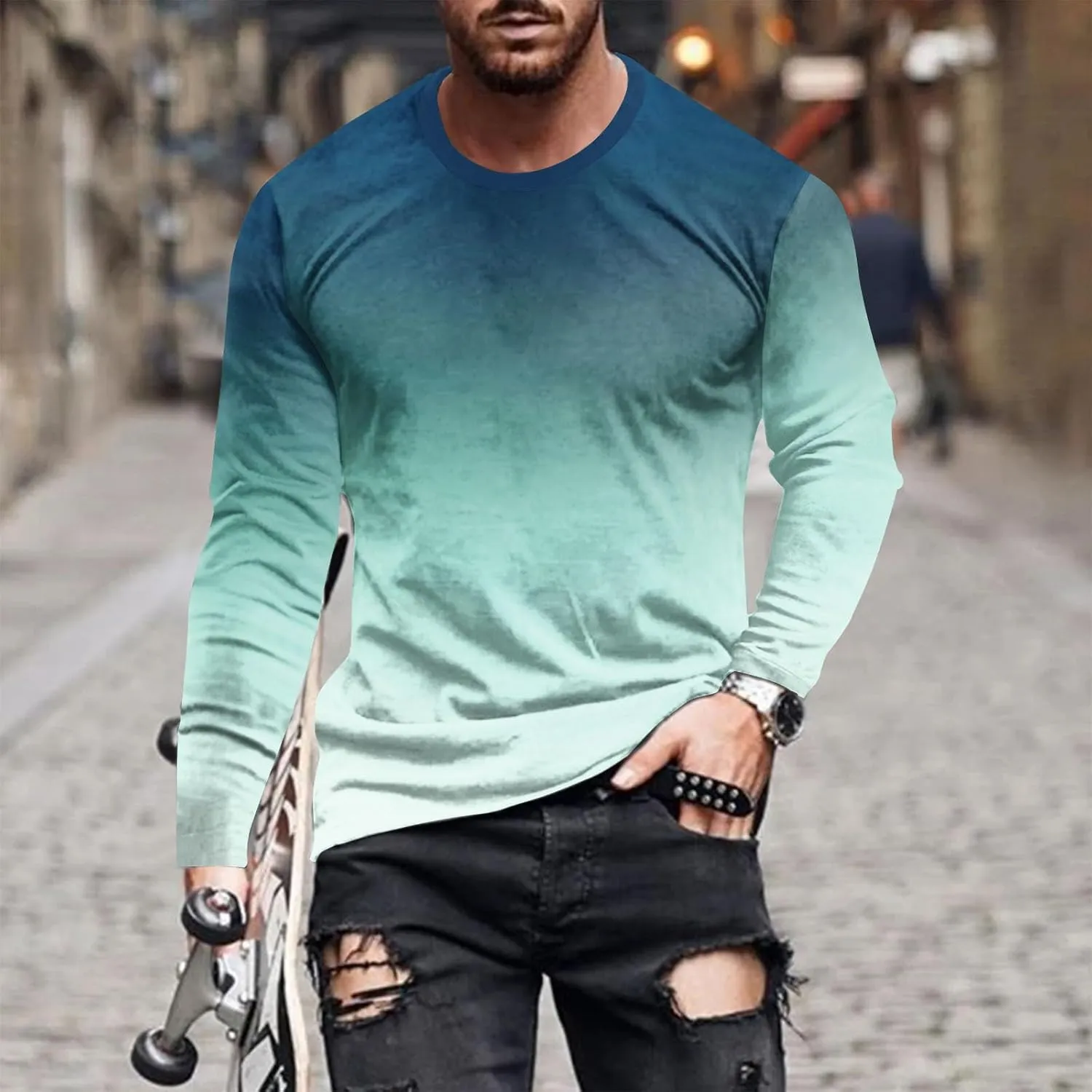 Shirts for Men Long Sleeve Casual Loose Gradient Color Print Crewneck Sweatshirt Lightweight Gym Workout Pullover Top