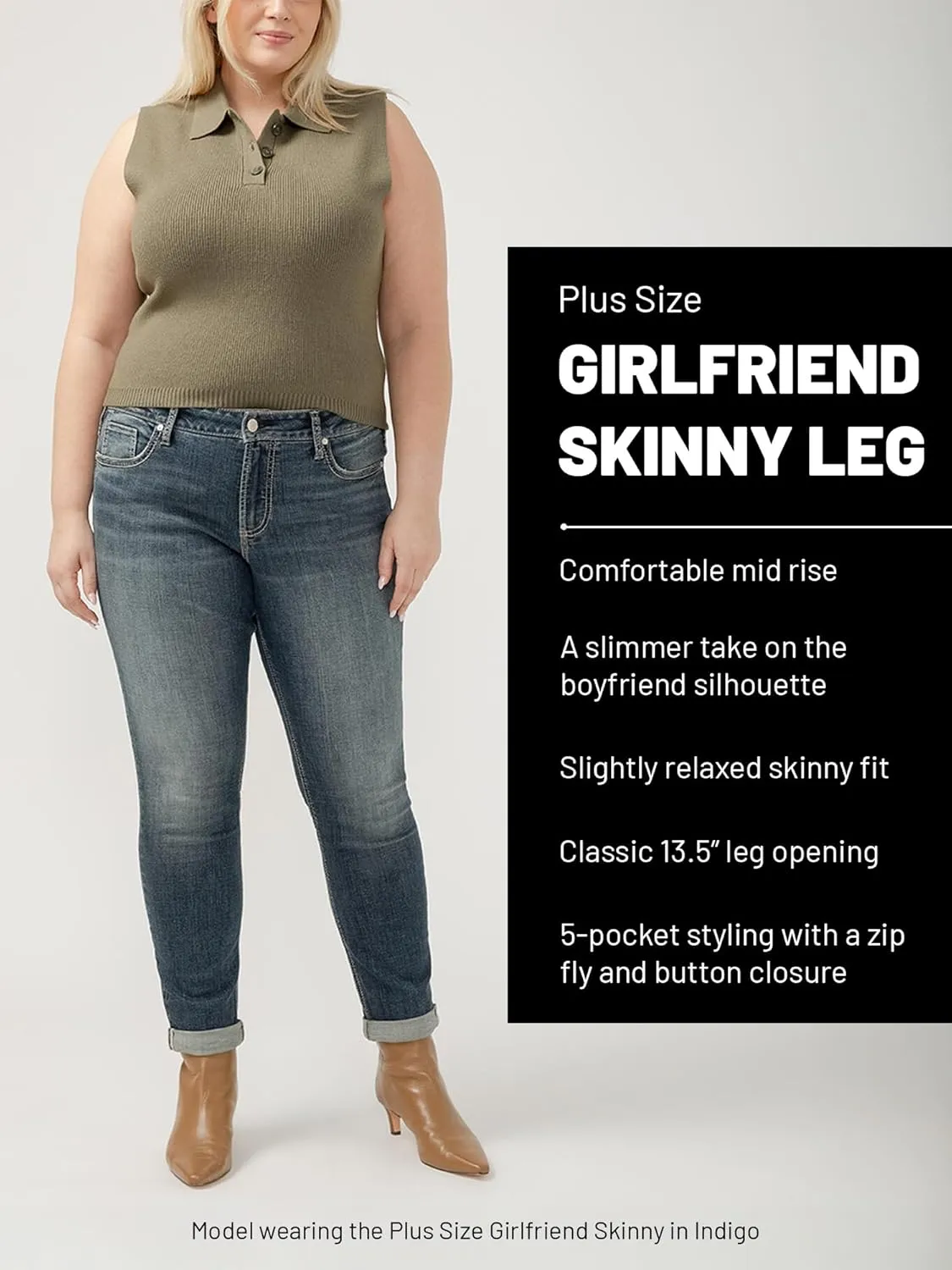 Silver Jeans Co. Women's Plus Size Girlfriend Mid Rise Skinny Jeans