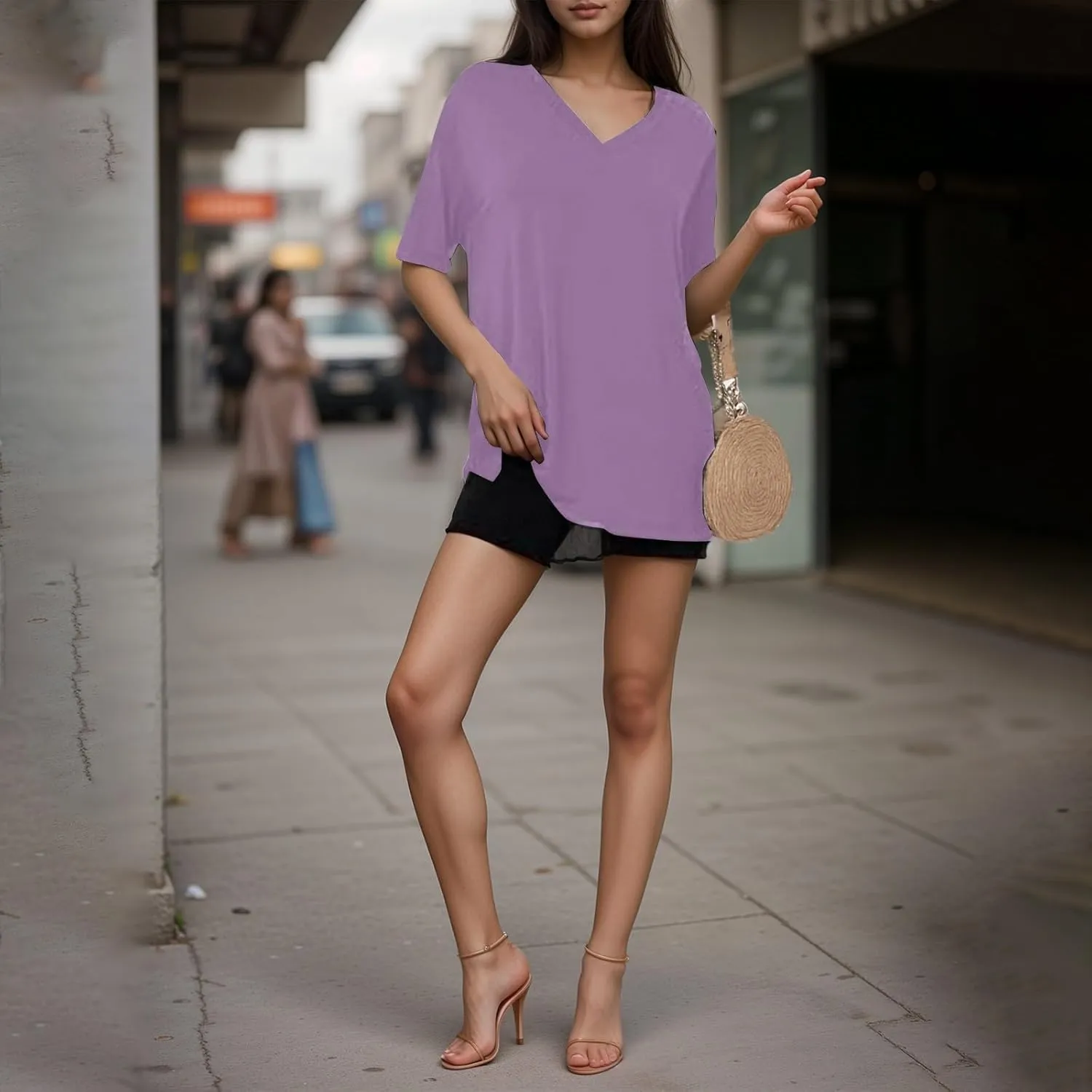 slqdgmryz Oversized Tshirts for Women Side Slit Half Sleeve Summer Tops Elbow Length V Neck T Shirts Loose Fit Dressy Blouses