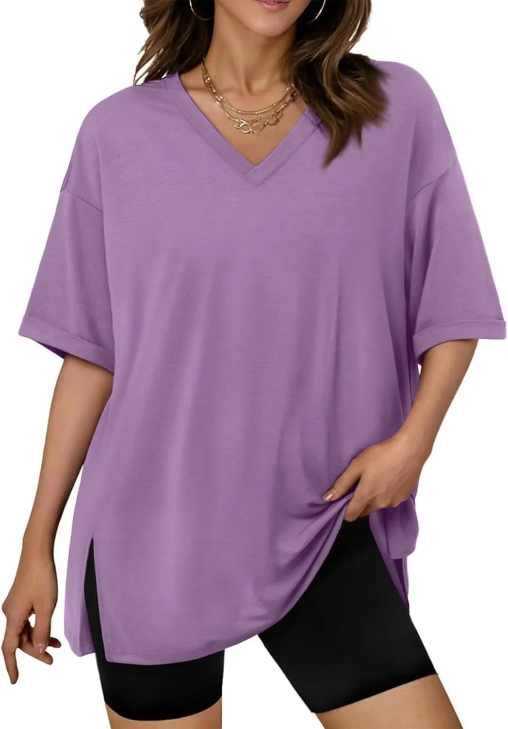 slqdgmryz Oversized Tshirts for Women Side Slit Half Sleeve Summer Tops Elbow Length V Neck T Shirts Loose Fit Dressy Blouses