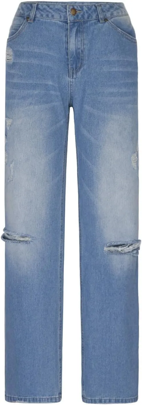 Straight Leg Jeans for Women Baggy Low Rise Ripped Jeans Casual Boyfriend Denim Pants with Pockets Trouser Jeans