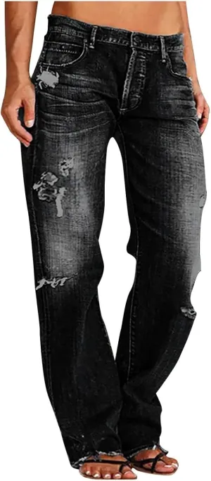 Straight Leg Jeans for Women Baggy Low Rise Ripped Jeans Casual Boyfriend Denim Pants with Pockets Trouser Jeans