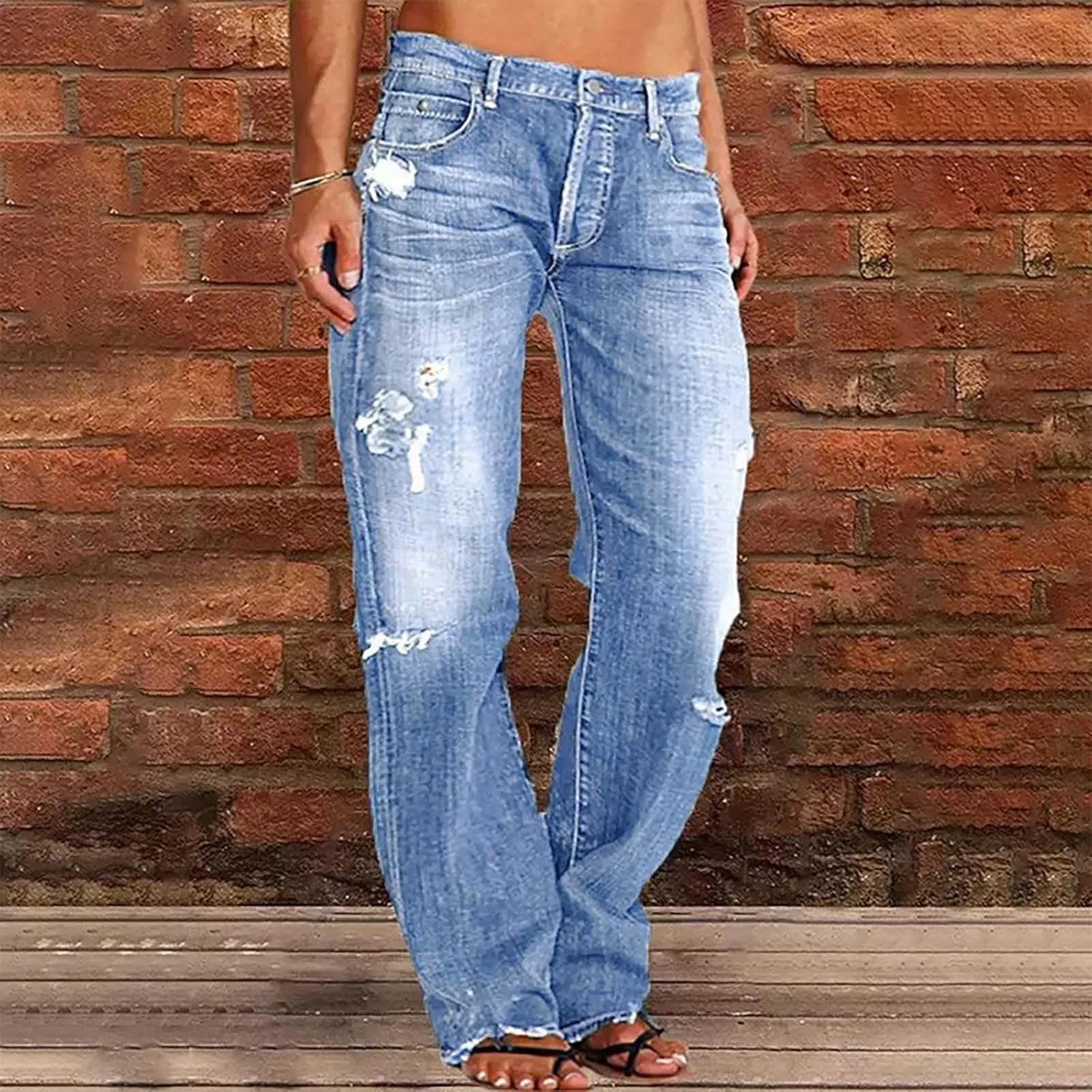 Straight Leg Jeans for Women Baggy Low Rise Ripped Jeans Casual Boyfriend Denim Pants with Pockets Trouser Jeans