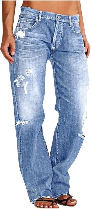 Straight Leg Jeans for Women Baggy Low Rise Ripped Jeans Casual Boyfriend Denim Pants with Pockets Trouser Jeans