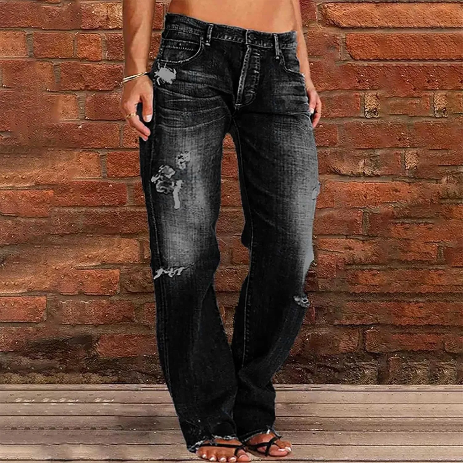 Straight Leg Jeans for Women Baggy Low Rise Ripped Jeans Casual Boyfriend Denim Pants with Pockets Trouser Jeans