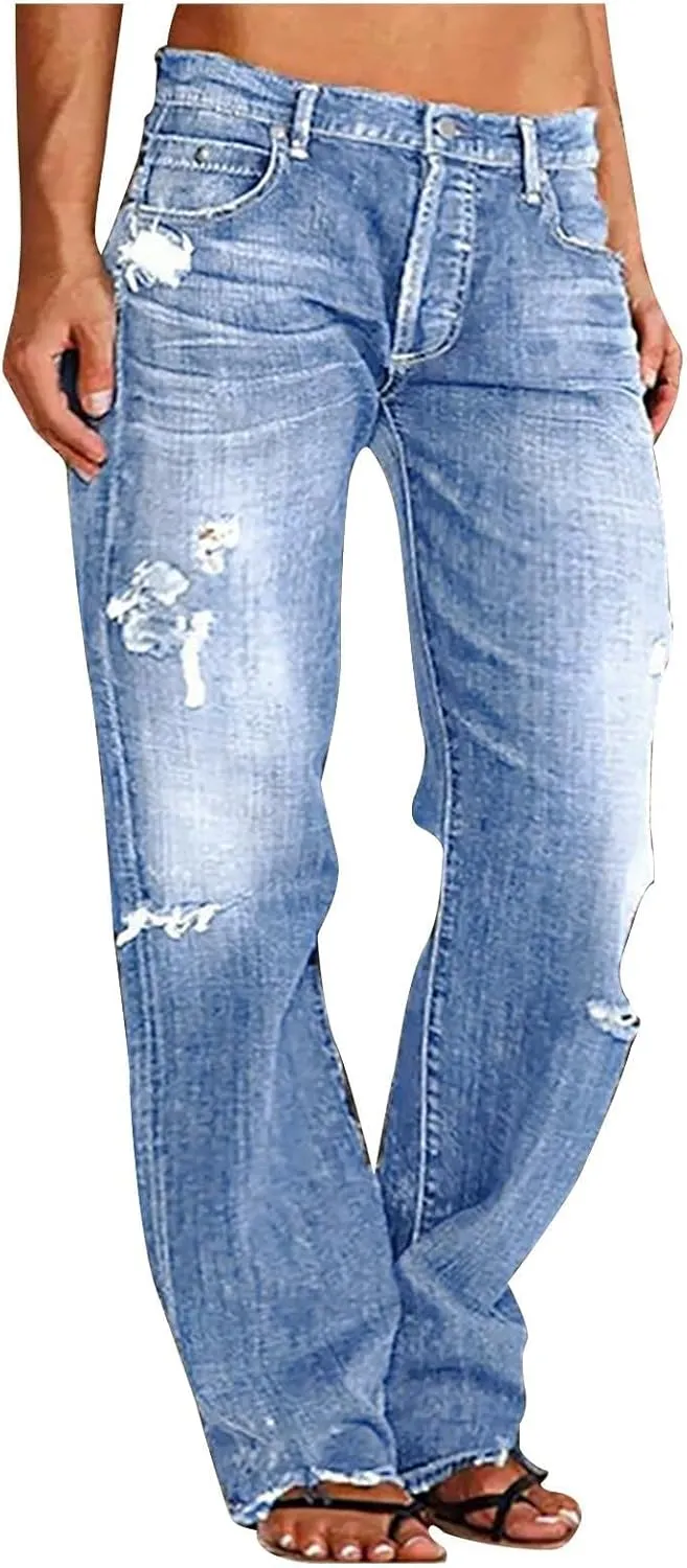 Straight Leg Jeans for Women Baggy Low Rise Ripped Jeans Casual Boyfriend Denim Pants with Pockets Trouser Jeans