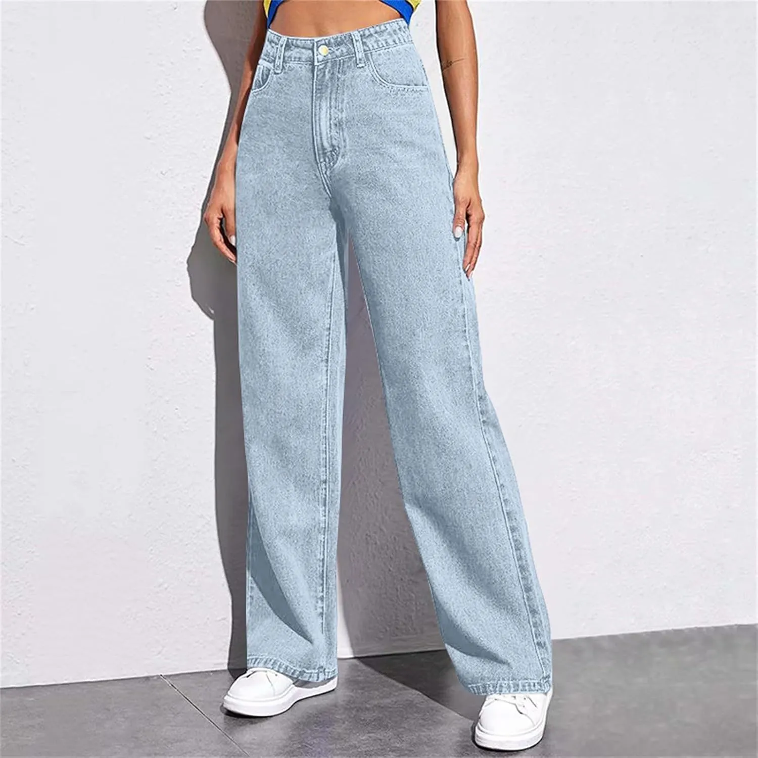 Straight Leg Jeans Women Soft High Waisted Wide Leg Jeans Plus Size Boyfriend Jeans Comfy Denim Pants with Pockets