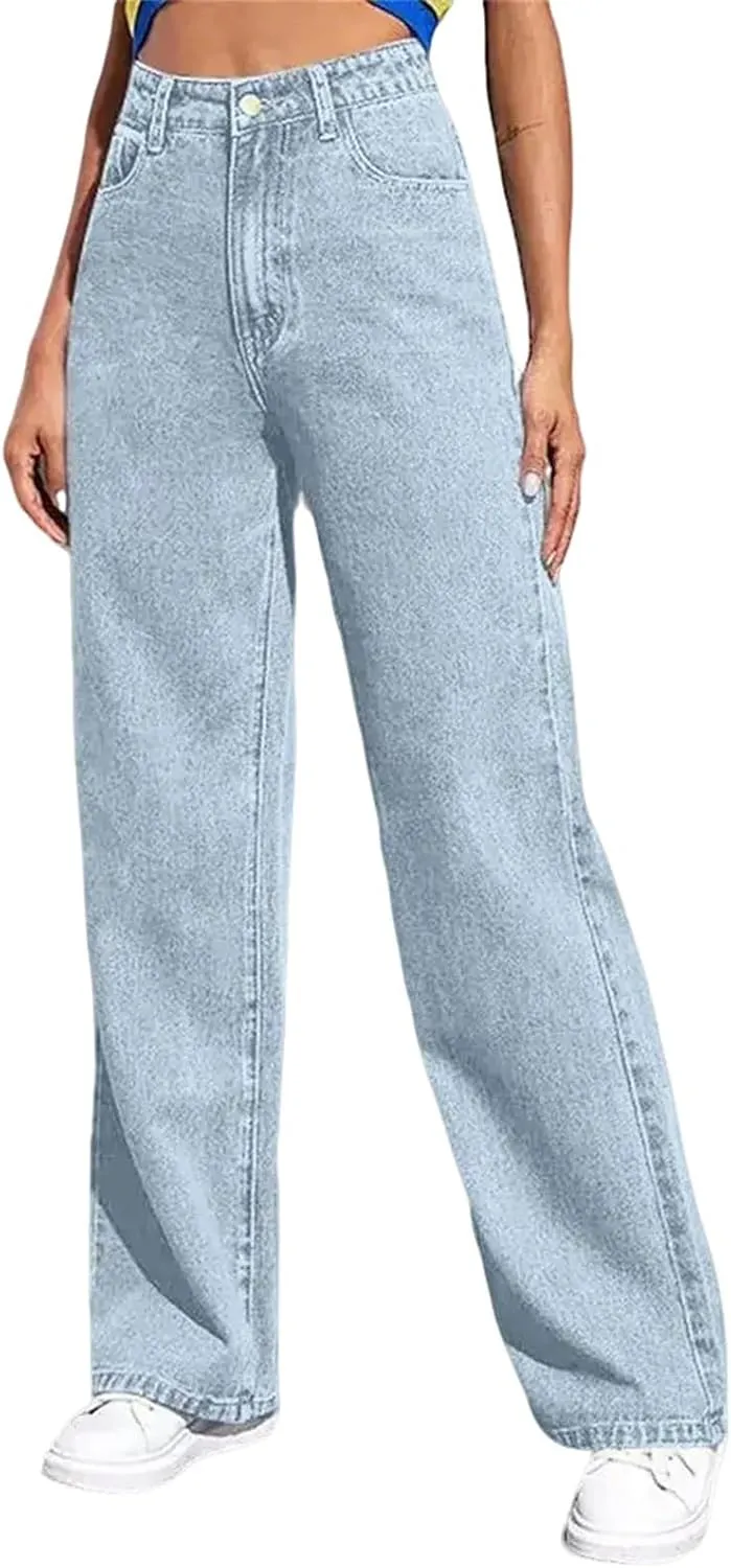 Straight Leg Jeans Women Soft High Waisted Wide Leg Jeans Plus Size Boyfriend Jeans Comfy Denim Pants with Pockets