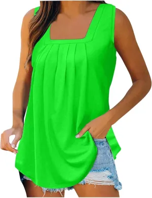 Summer Sleeveless Square Neck Tops Flowy Pleated Tunic Tank Top for Women Loose Fit Beach Sleeveless T Shirts