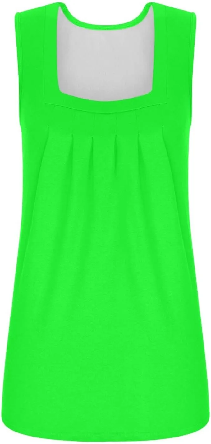 Summer Sleeveless Square Neck Tops Flowy Pleated Tunic Tank Top for Women Loose Fit Beach Sleeveless T Shirts