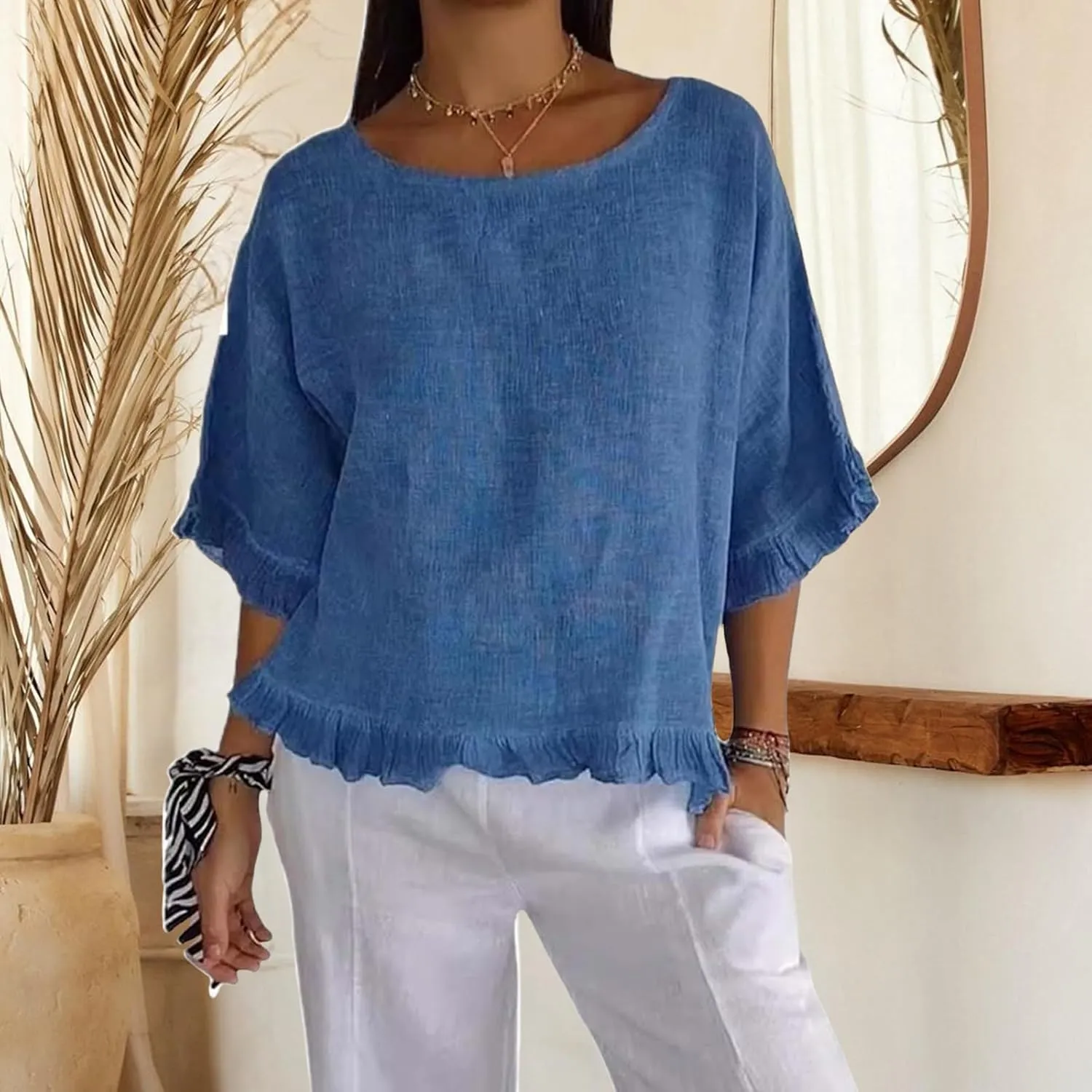 Summer Tops for Women Lightweight Cotton Linen T-Shirt Crew Neck Ruffle Sleeve Loose Blouses Pleated Hem Casual Tee
