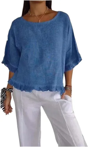 Summer Tops for Women Lightweight Cotton Linen T-Shirt Crew Neck Ruffle Sleeve Loose Blouses Pleated Hem Casual Tee