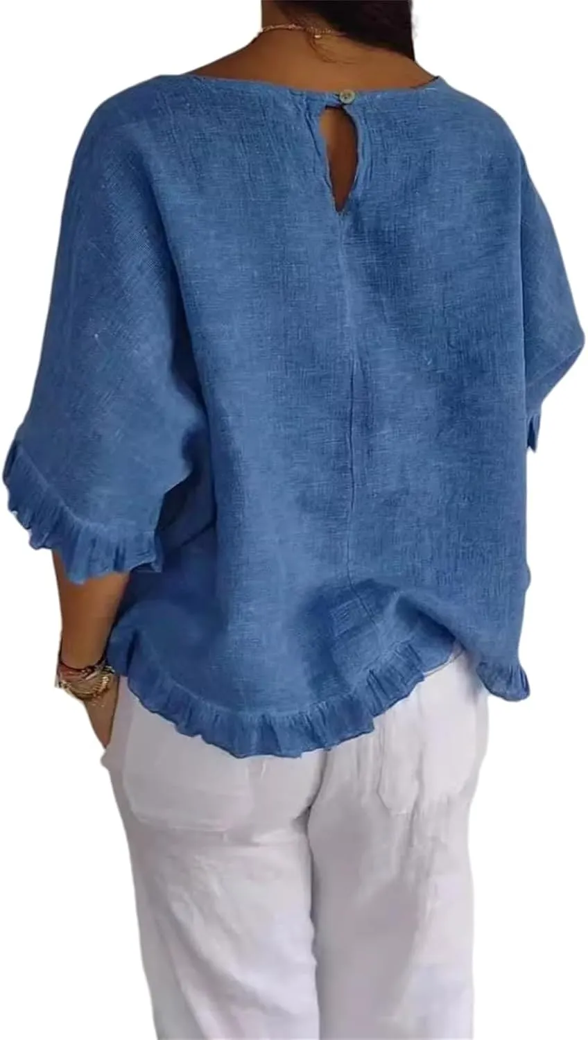 Summer Tops for Women Lightweight Cotton Linen T-Shirt Crew Neck Ruffle Sleeve Loose Blouses Pleated Hem Casual Tee
