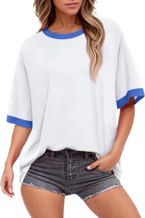 Summer Tops for Women Short Sleeve Crewneck Oversized T Shirts Trendy Solid/Flower Printed Beach Vacation Clothes