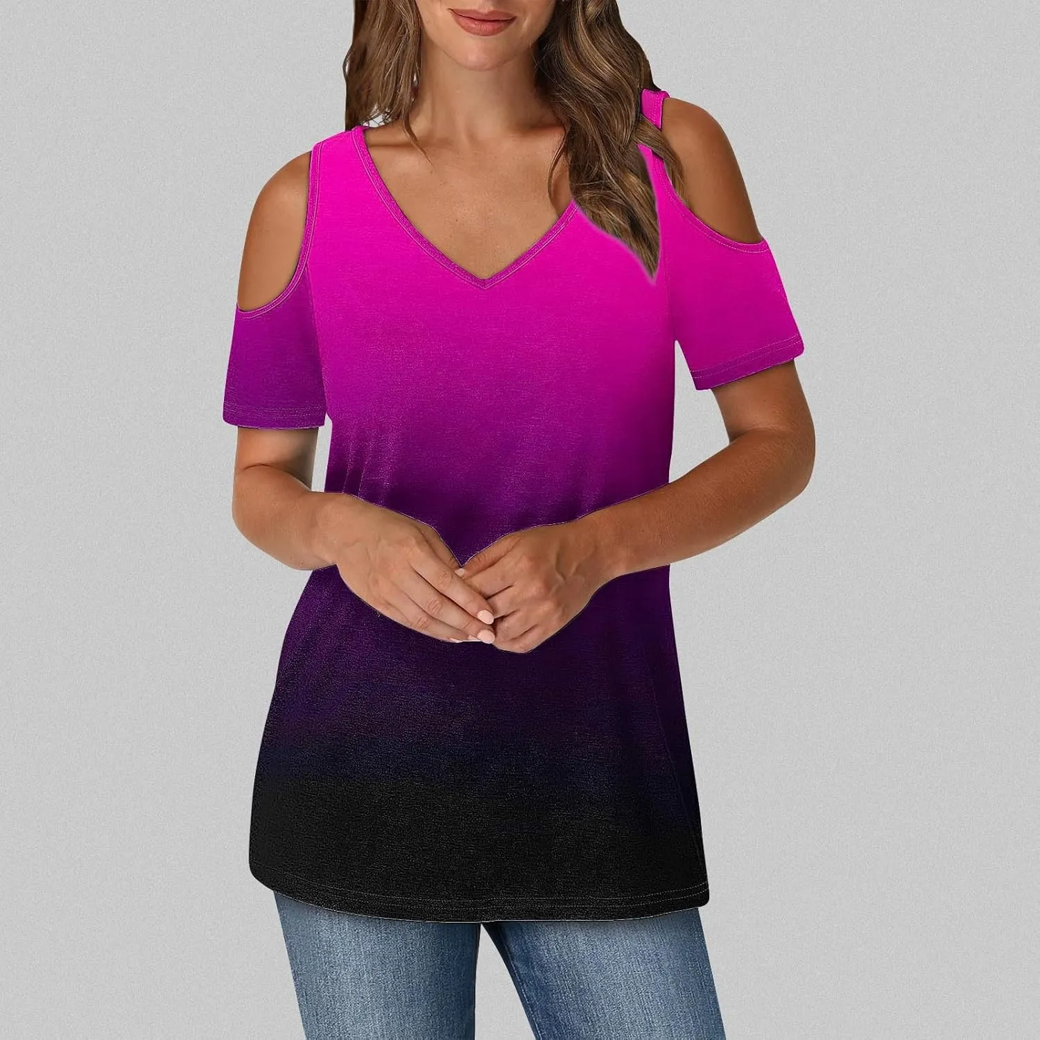 Summer Tunic Tops for Women Sexy Off-The-Shoulder Short Sleeve Shirts Trendy Gradient Color V-Neck Pullover Blouse