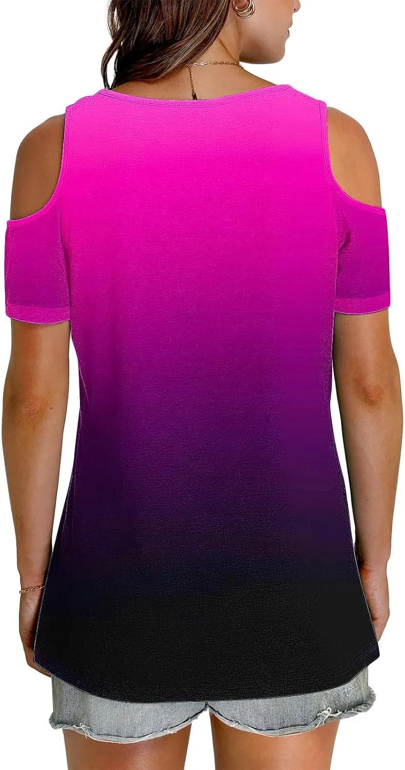 Summer Tunic Tops for Women Sexy Off-The-Shoulder Short Sleeve Shirts Trendy Gradient Color V-Neck Pullover Blouse