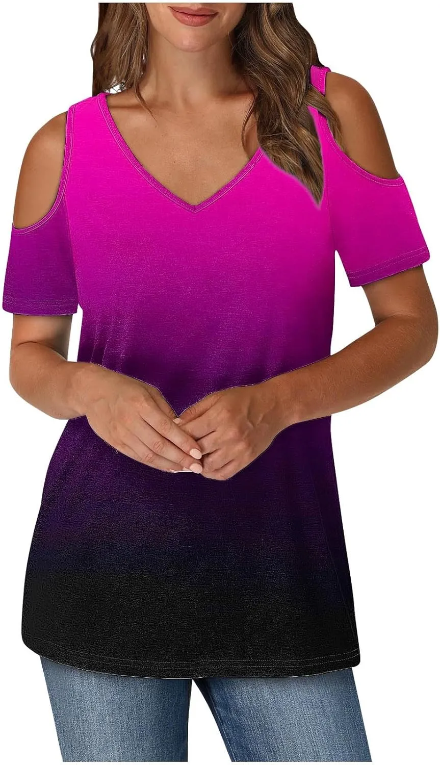 Summer Tunic Tops for Women Sexy Off-The-Shoulder Short Sleeve Shirts Trendy Gradient Color V-Neck Pullover Blouse