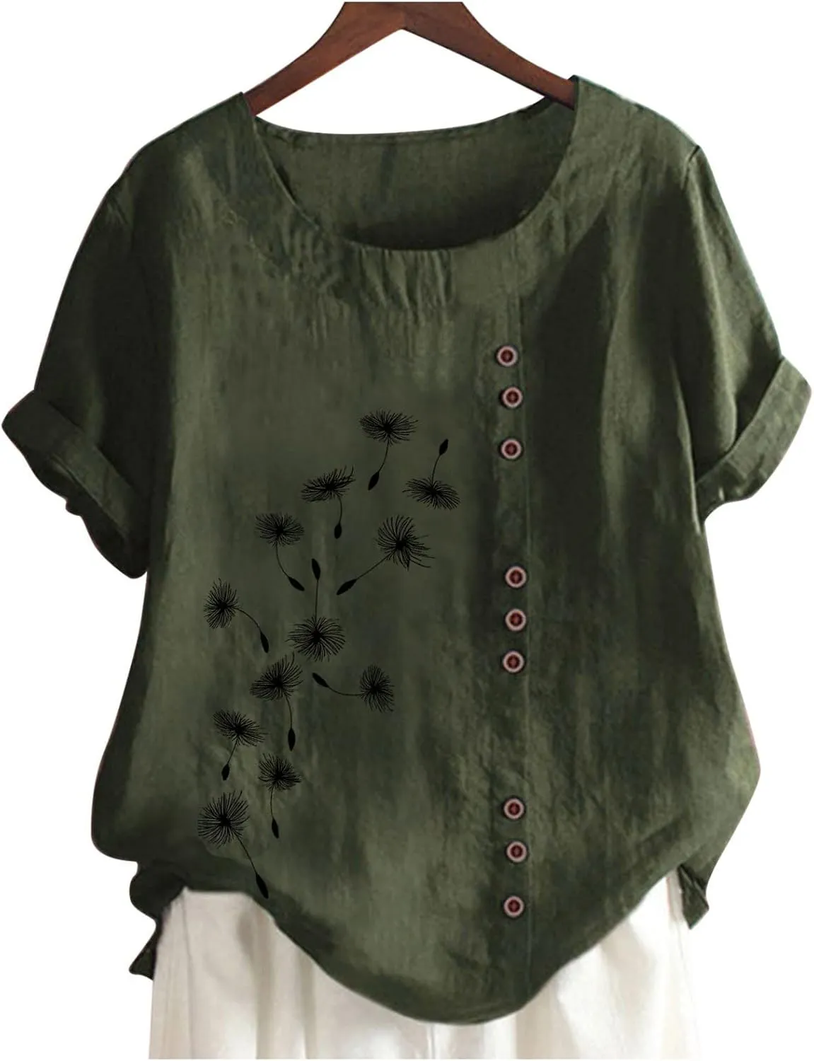 Summer Women Cotton Linen Tshirt Tops Casual Loose Fit Trendy Tunic Tees Short Sleeve Plus Size Button Blouses