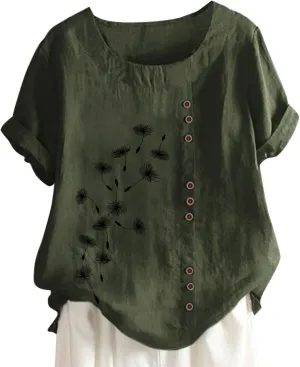 Summer Women Cotton Linen Tshirt Tops Casual Loose Fit Trendy Tunic Tees Short Sleeve Plus Size Button Blouses