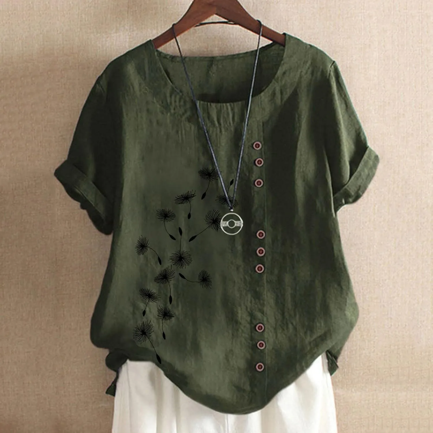 Summer Women Cotton Linen Tshirt Tops Casual Loose Fit Trendy Tunic Tees Short Sleeve Plus Size Button Blouses