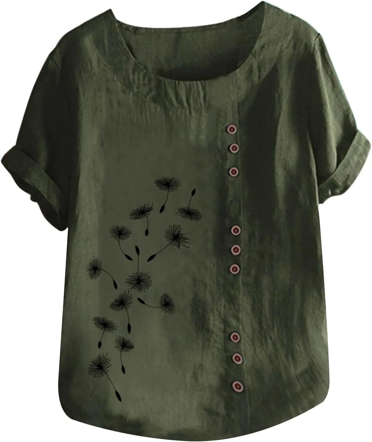 Summer Women Cotton Linen Tshirt Tops Casual Loose Fit Trendy Tunic Tees Short Sleeve Plus Size Button Blouses