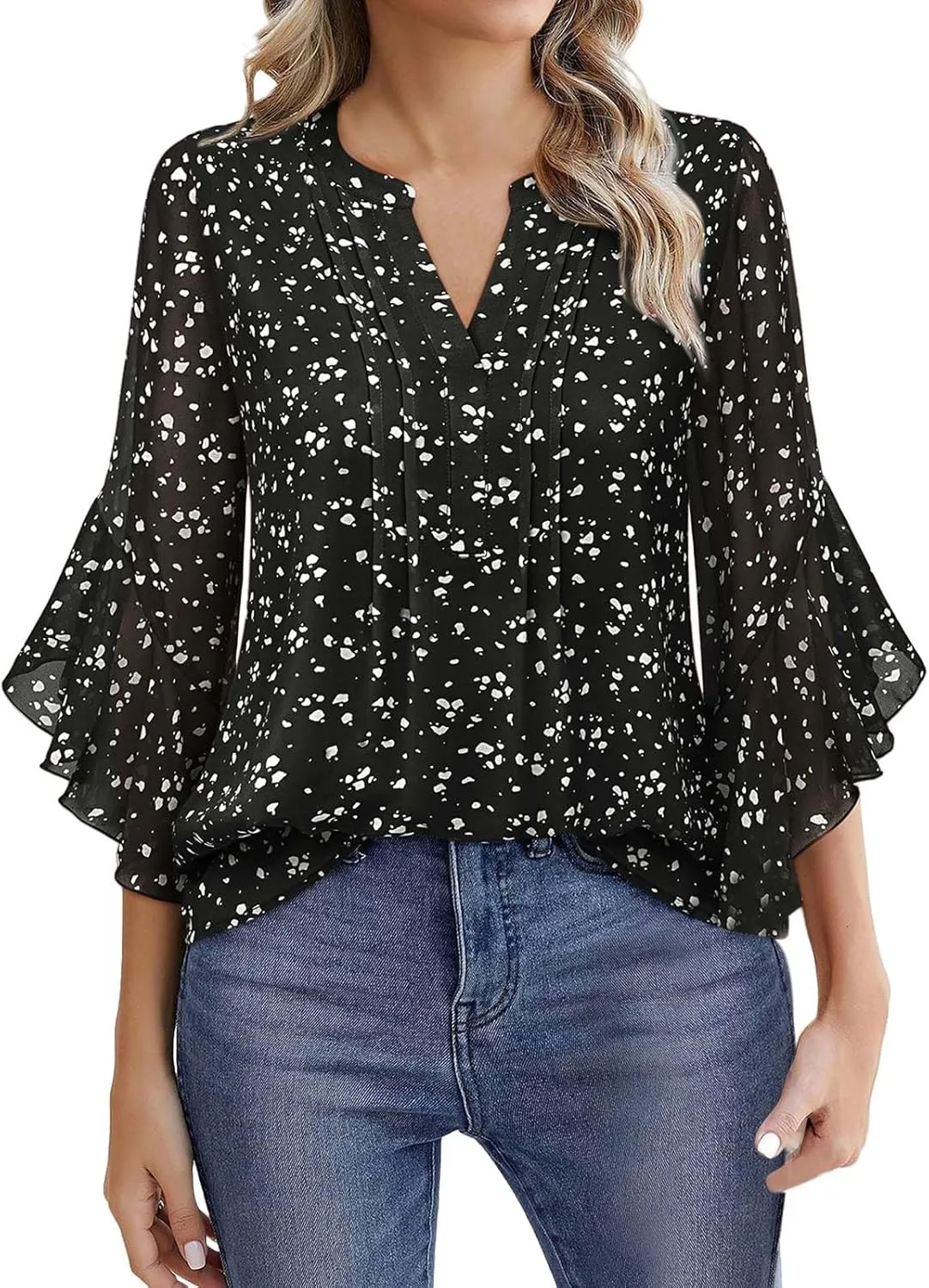 Summer Women's 3/4 Sleeve Tops Solid Color Loose Spotted Chiffon Shirts Casual Business Work Blouses