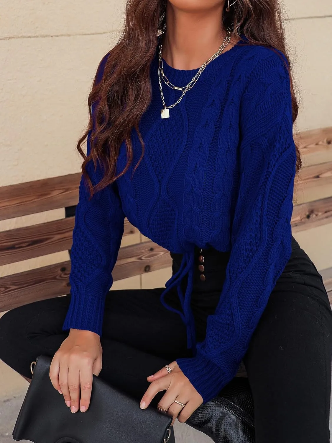 Sweaters for Women Cable Knit Drawstring Detail Sweater Sweaters (Color : Royal Blue, Size : Large)