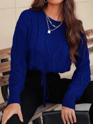 Sweaters for Women Cable Knit Drawstring Detail Sweater Sweaters (Color : Royal Blue, Size : Large)
