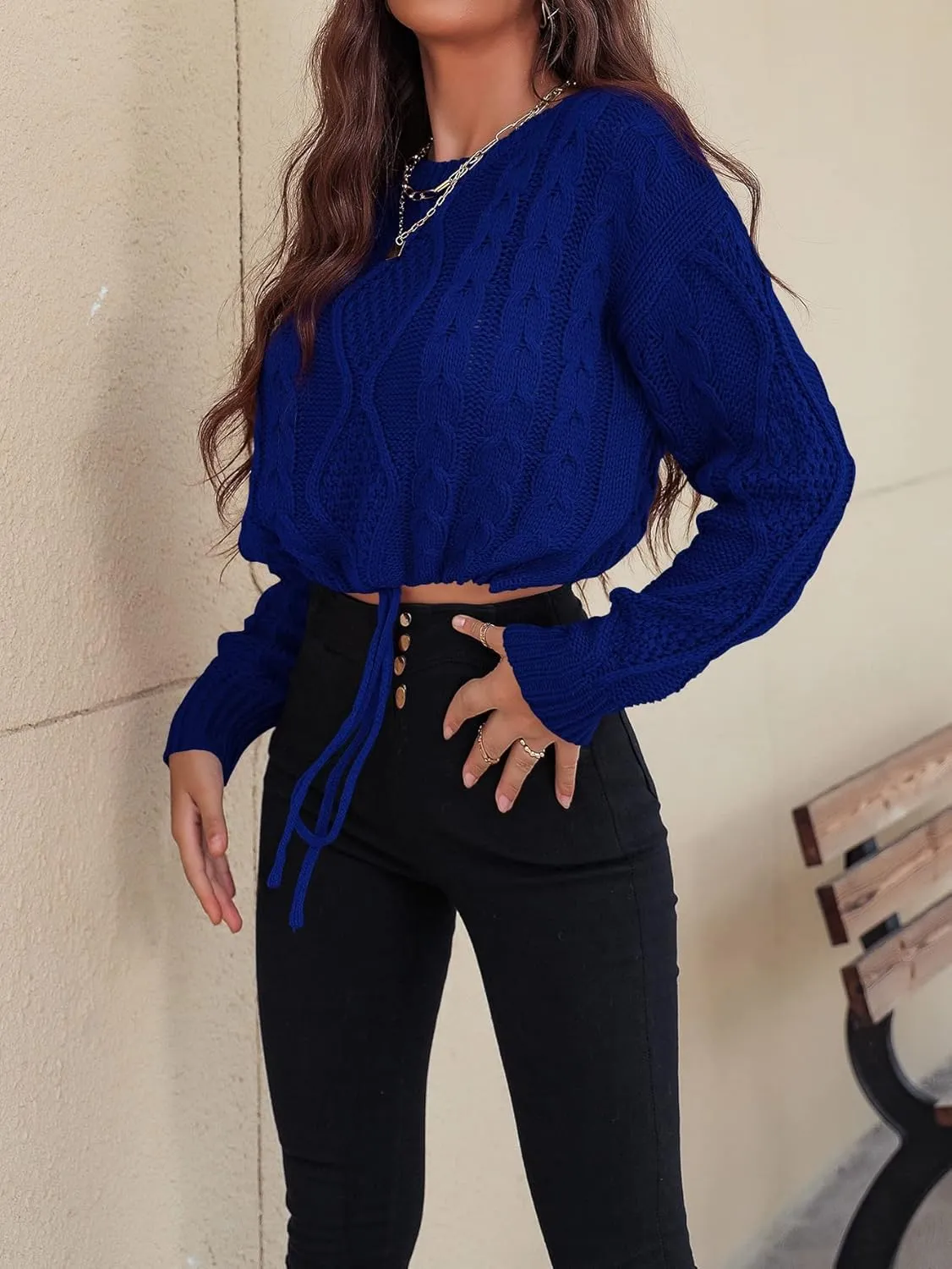 Sweaters for Women Cable Knit Drawstring Detail Sweater Sweaters (Color : Royal Blue, Size : Large)