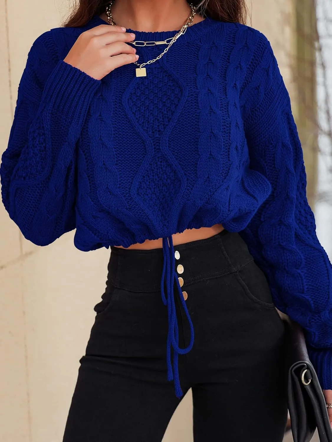 Sweaters for Women Cable Knit Drawstring Detail Sweater Sweaters (Color : Royal Blue, Size : Large)