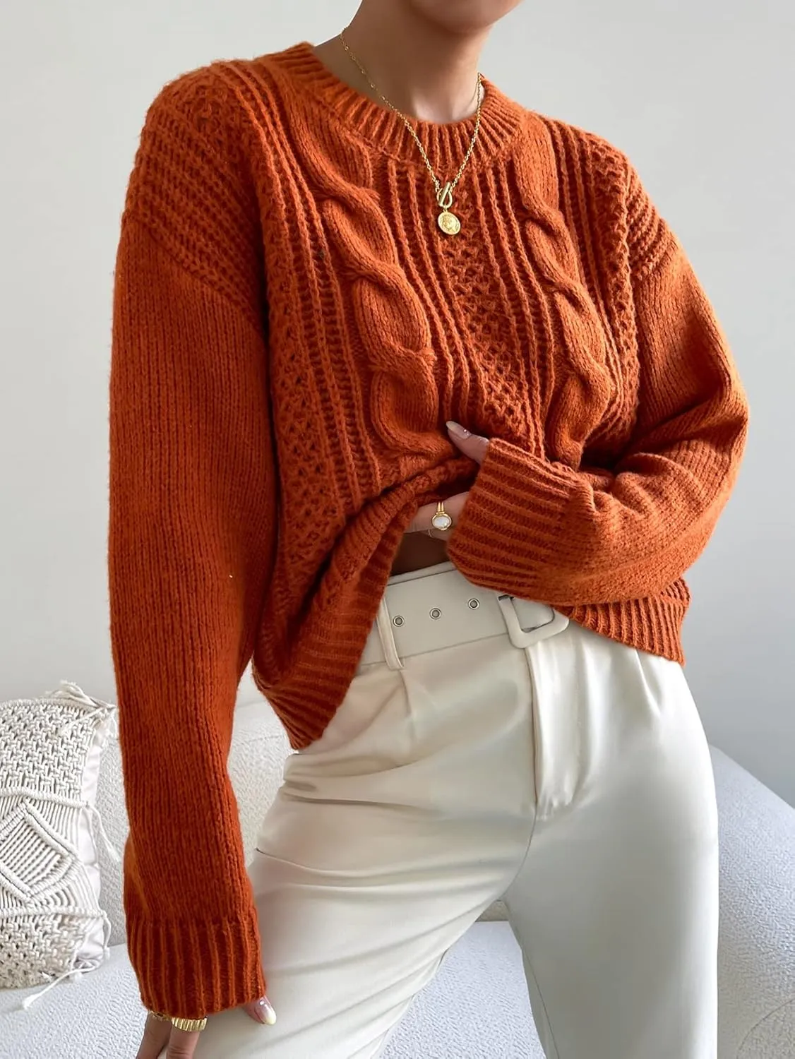 Sweaters for Women Cable Knit Drop Shoulder Sweater Sweaters (Color : Rust Brown, Size : Medium)