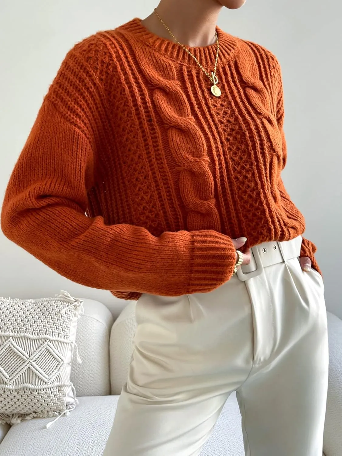 Sweaters for Women Cable Knit Drop Shoulder Sweater Sweaters (Color : Rust Brown, Size : Medium)