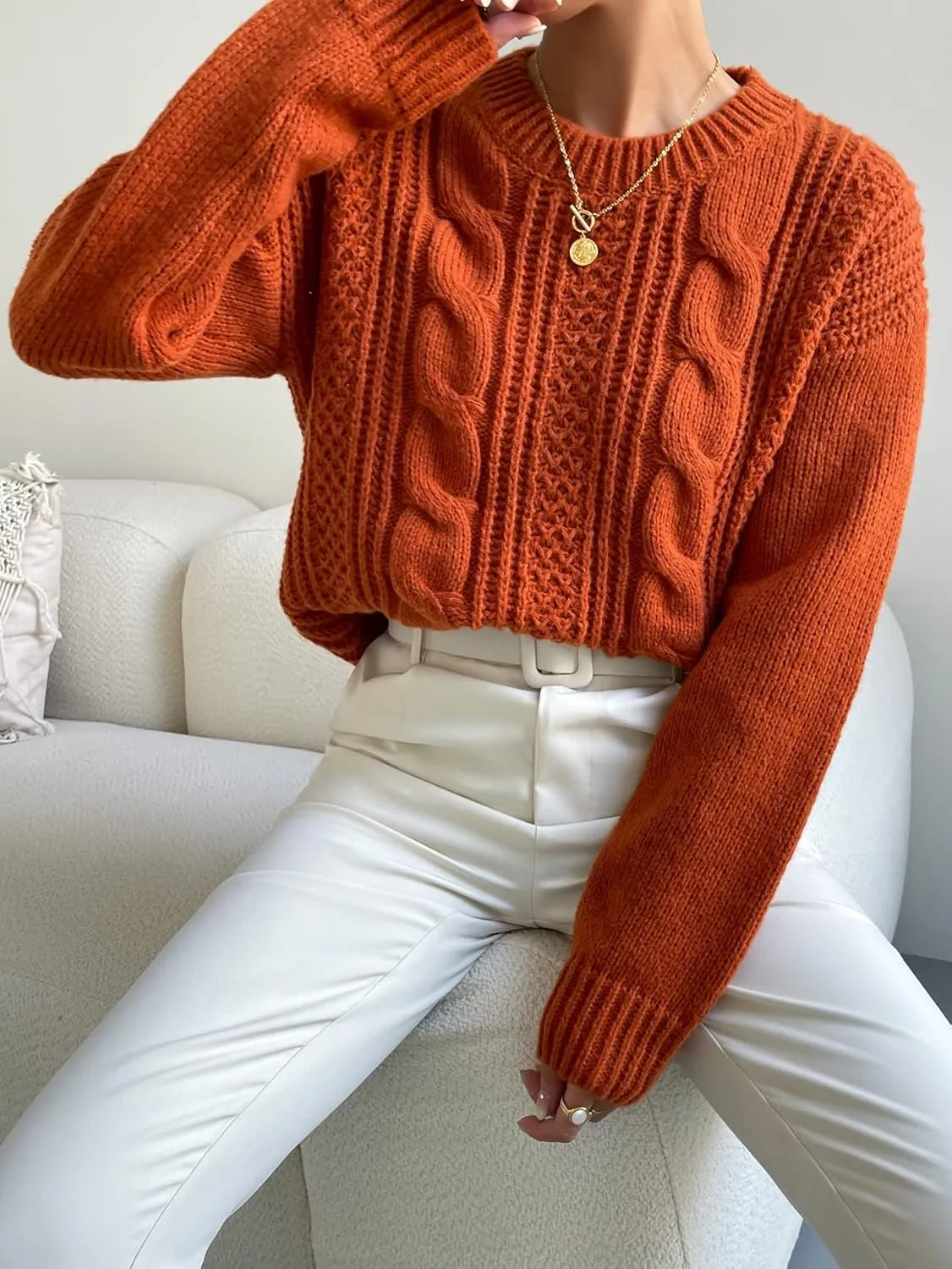 Sweaters for Women Cable Knit Drop Shoulder Sweater Sweaters (Color : Rust Brown, Size : Medium)
