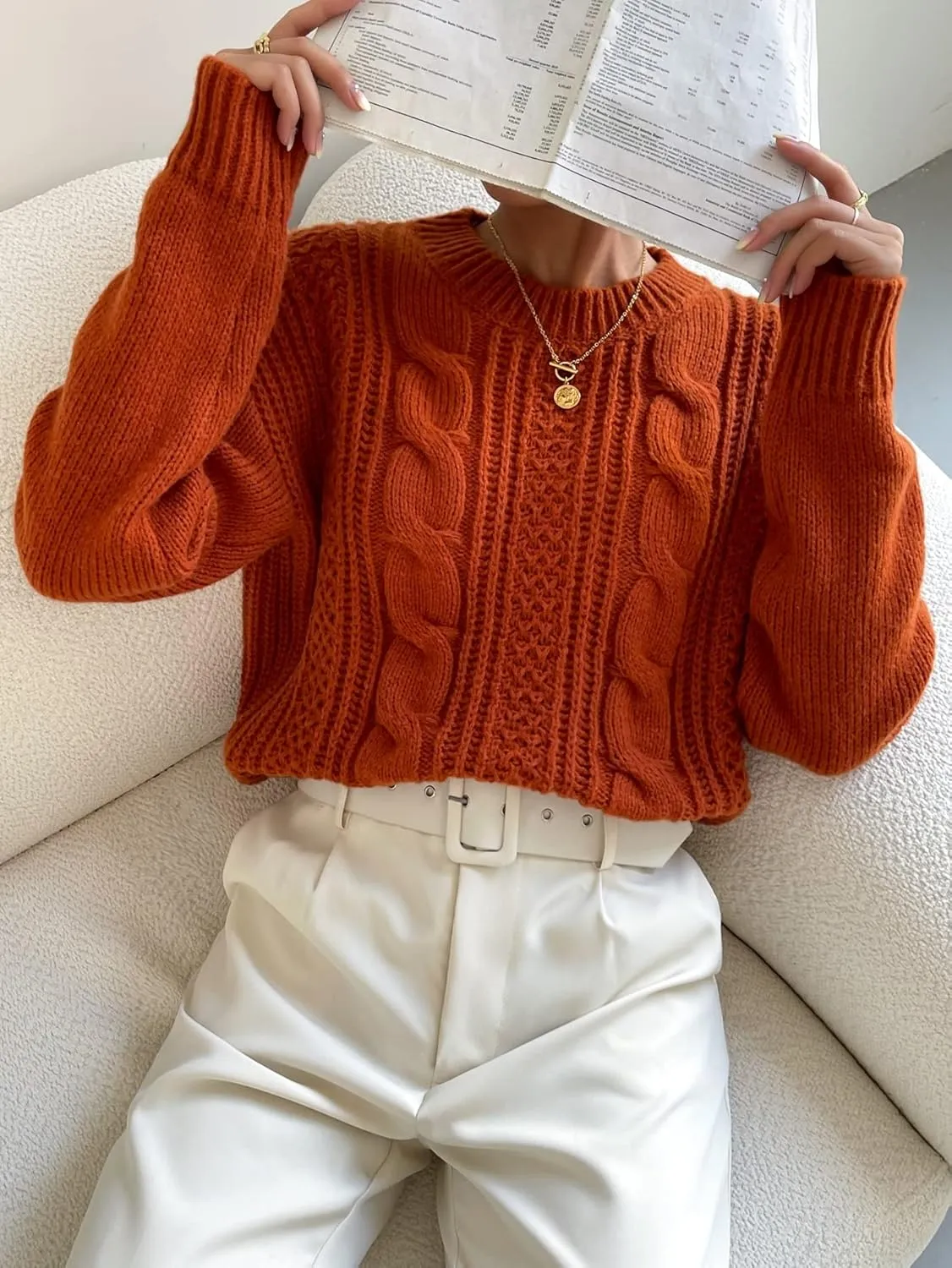 Sweaters for Women Cable Knit Drop Shoulder Sweater Sweaters (Color : Rust Brown, Size : Medium)