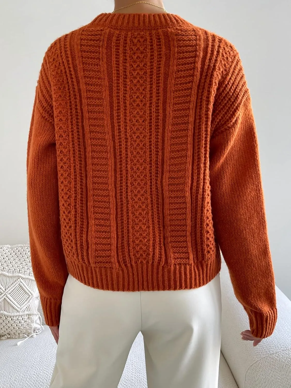 Sweaters for Women Cable Knit Drop Shoulder Sweater Sweaters (Color : Rust Brown, Size : Medium)