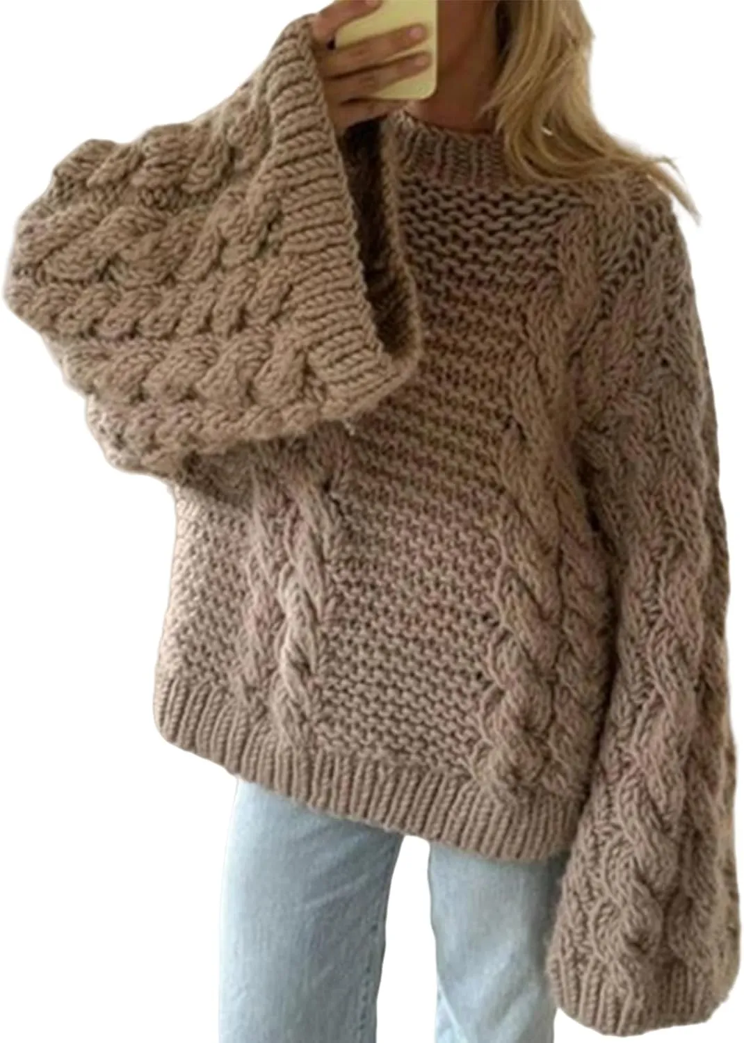 Sweaters for Women Chunky Cable Knit Sweater Loose Long Sleeves Crewneck Pullover Sweaters Slouchy Knit Tops
