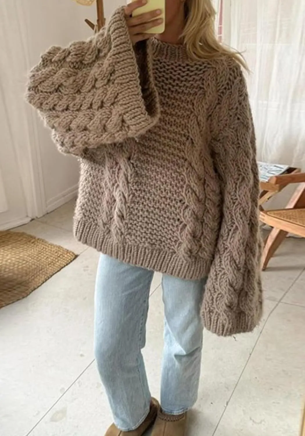 Sweaters for Women Chunky Cable Knit Sweater Loose Long Sleeves Crewneck Pullover Sweaters Slouchy Knit Tops