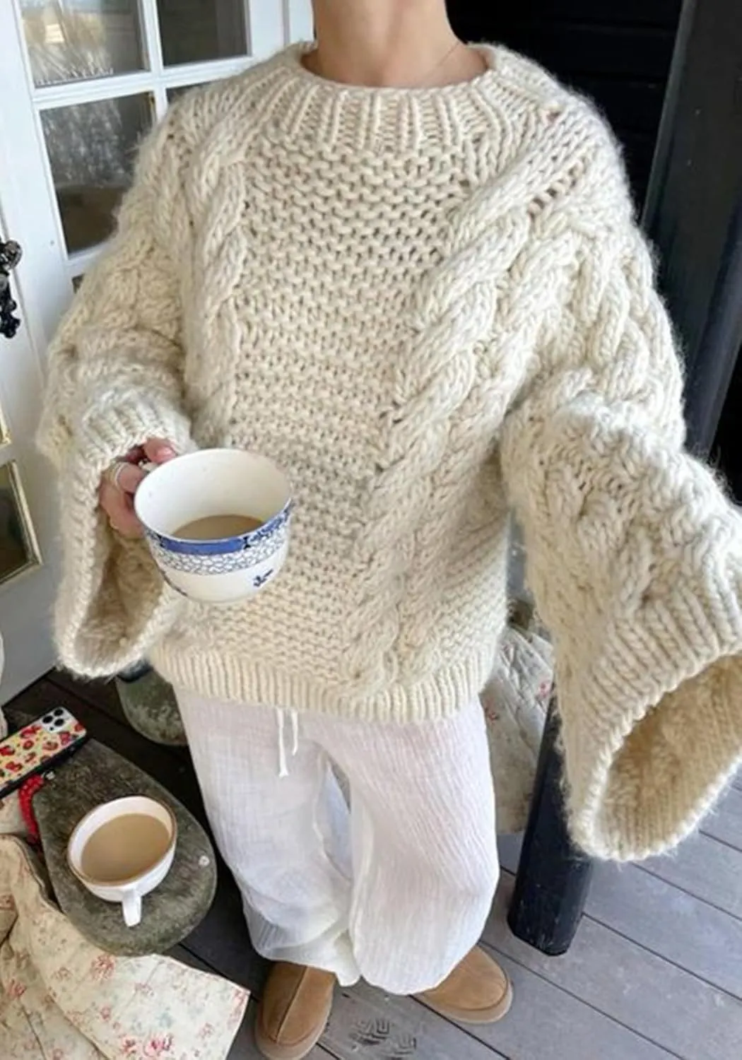 Sweaters for Women Chunky Cable Knit Sweater Loose Long Sleeves Crewneck Pullover Sweaters Slouchy Knit Tops