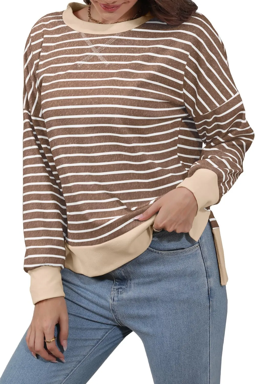 Sweaters for Women Long Sleeve Sweatshirt Fall Fashion 2024 Colorblocking Pullover Striped Sweater Tops