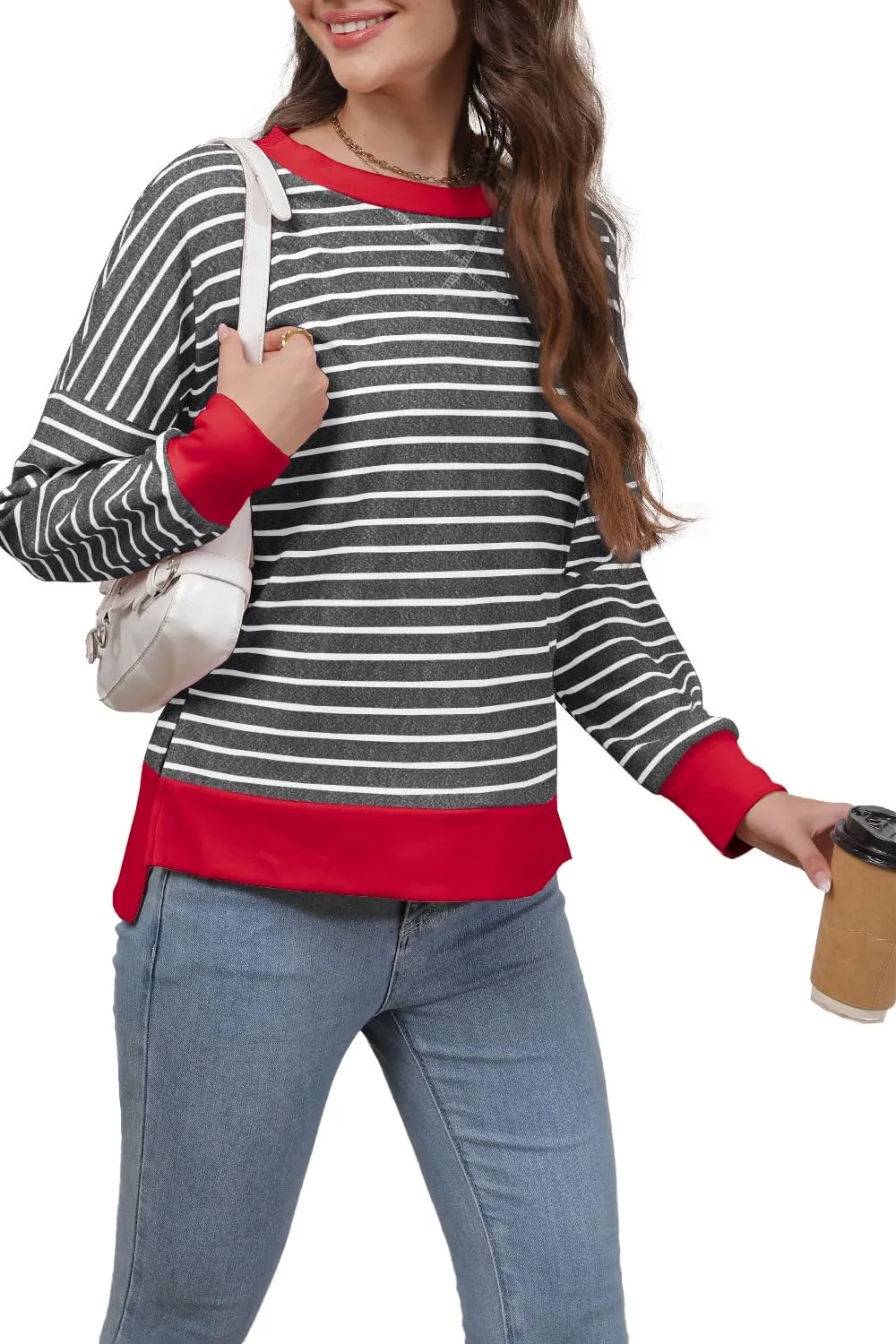 Sweaters for Women Long Sleeve Sweatshirt Fall Fashion 2024 Colorblocking Pullover Striped Sweater Tops