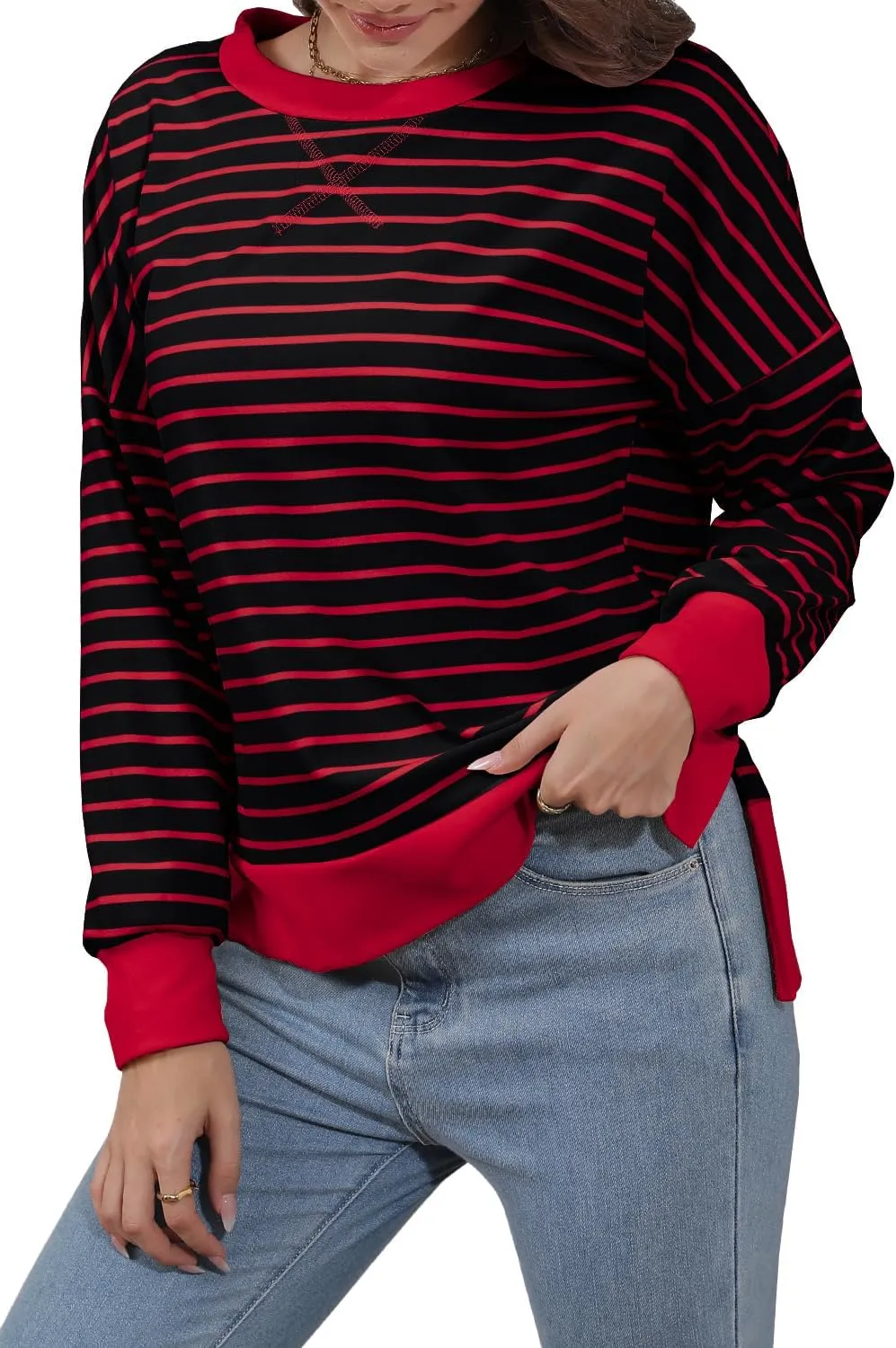 Sweaters for Women Long Sleeve Sweatshirt Fall Fashion 2024 Colorblocking Pullover Striped Sweater Tops