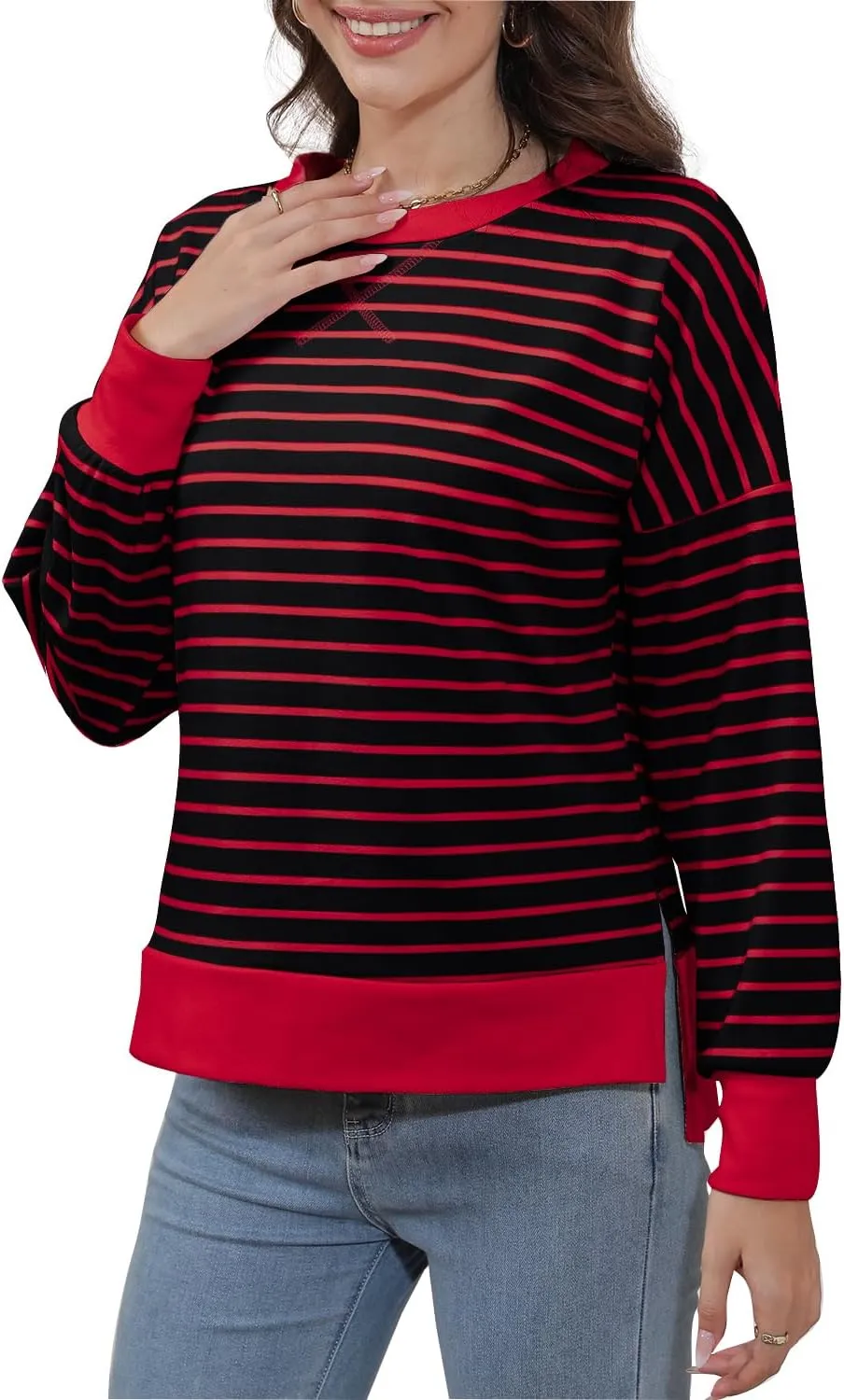 Sweaters for Women Long Sleeve Sweatshirt Fall Fashion 2024 Colorblocking Pullover Striped Sweater Tops