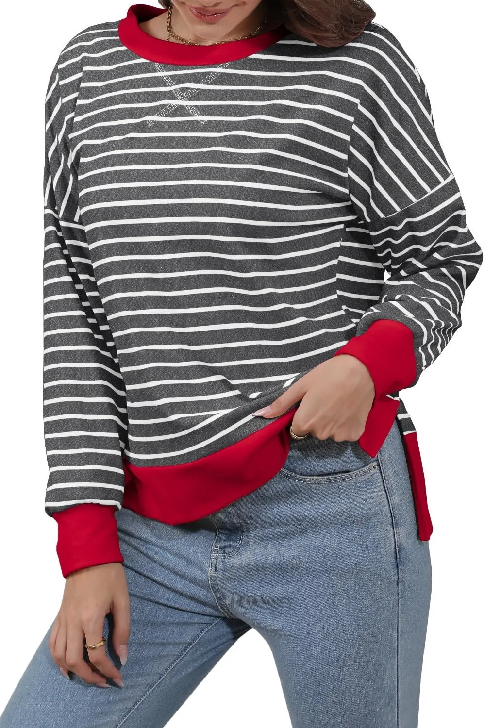 Sweaters for Women Long Sleeve Sweatshirt Fall Fashion 2024 Colorblocking Pullover Striped Sweater Tops