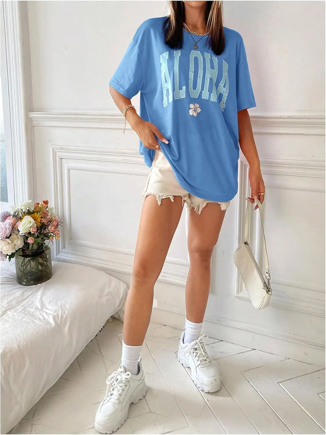 SweatyRocks Women's Letter Floral Graphic Tees Short Sleeve Crewneck Oversized T Shirts