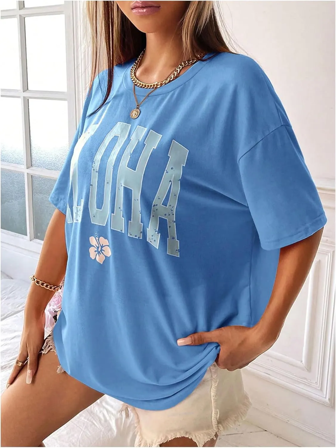 SweatyRocks Women's Letter Floral Graphic Tees Short Sleeve Crewneck Oversized T Shirts