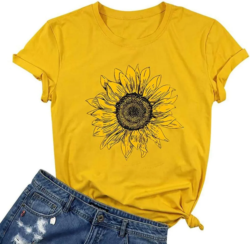T Shirts for Women V Neck Slim Fit Flowers Print Shirt Floral Wildflowers Graphic Tees Casual Short Sleeve T Shirts