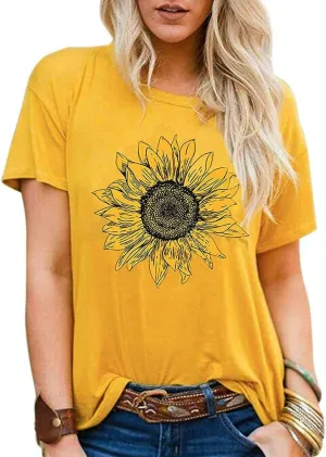T Shirts for Women V Neck Slim Fit Flowers Print Shirt Floral Wildflowers Graphic Tees Casual Short Sleeve T Shirts