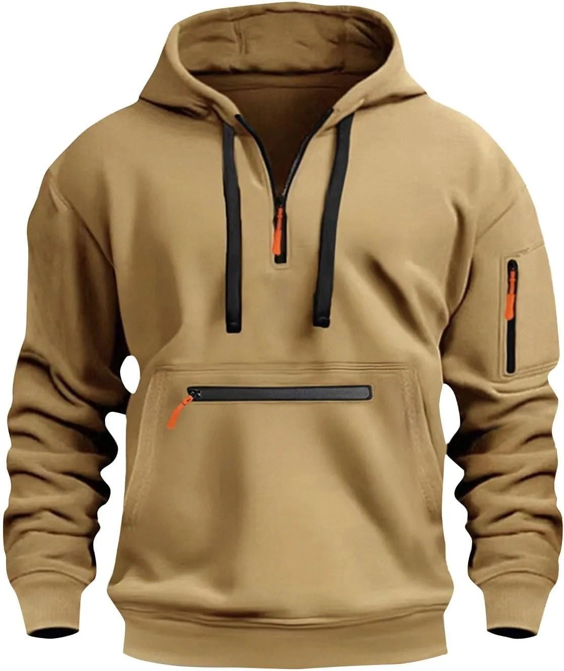 Tactical Hoodies for Men Comfy Quarter Zip Pullover with Multi Pockets Vintage Fleece Drawstring Hooded Sweatshirt