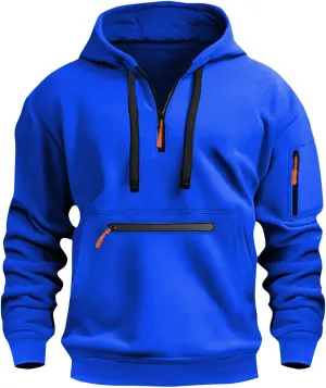 Tactical Hoodies for Men Comfy Quarter Zip Pullover with Multi Pockets Vintage Fleece Drawstring Hooded Sweatshirt